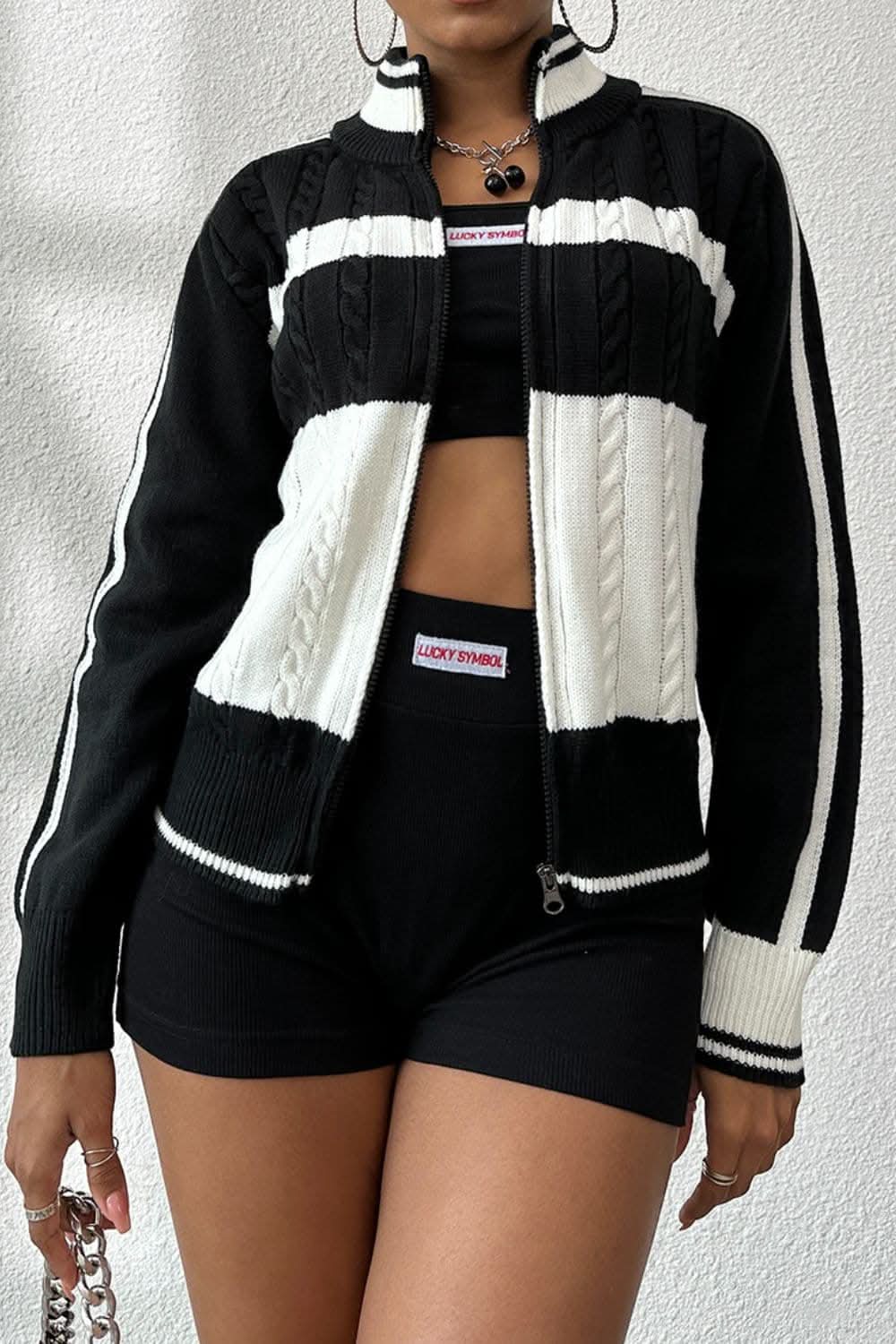 Chic color block cable-knit cardigan