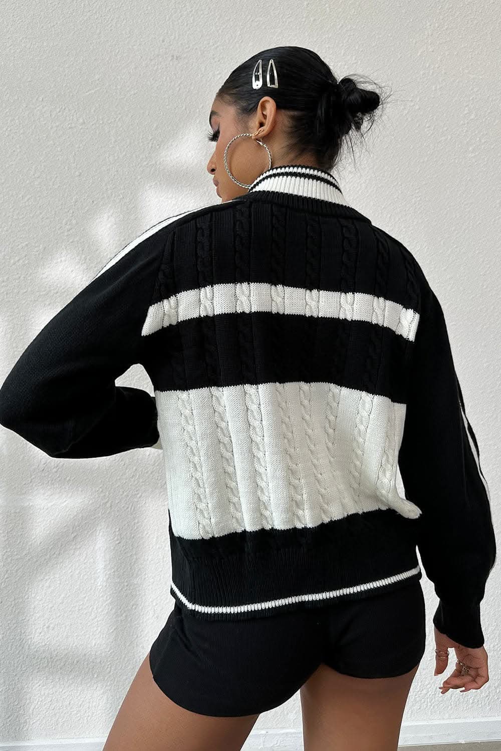 Chic color block cable-knit cardigan