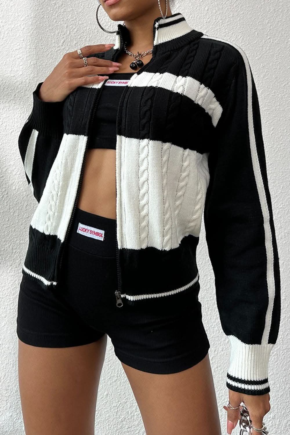 Chic color block cable-knit cardigan