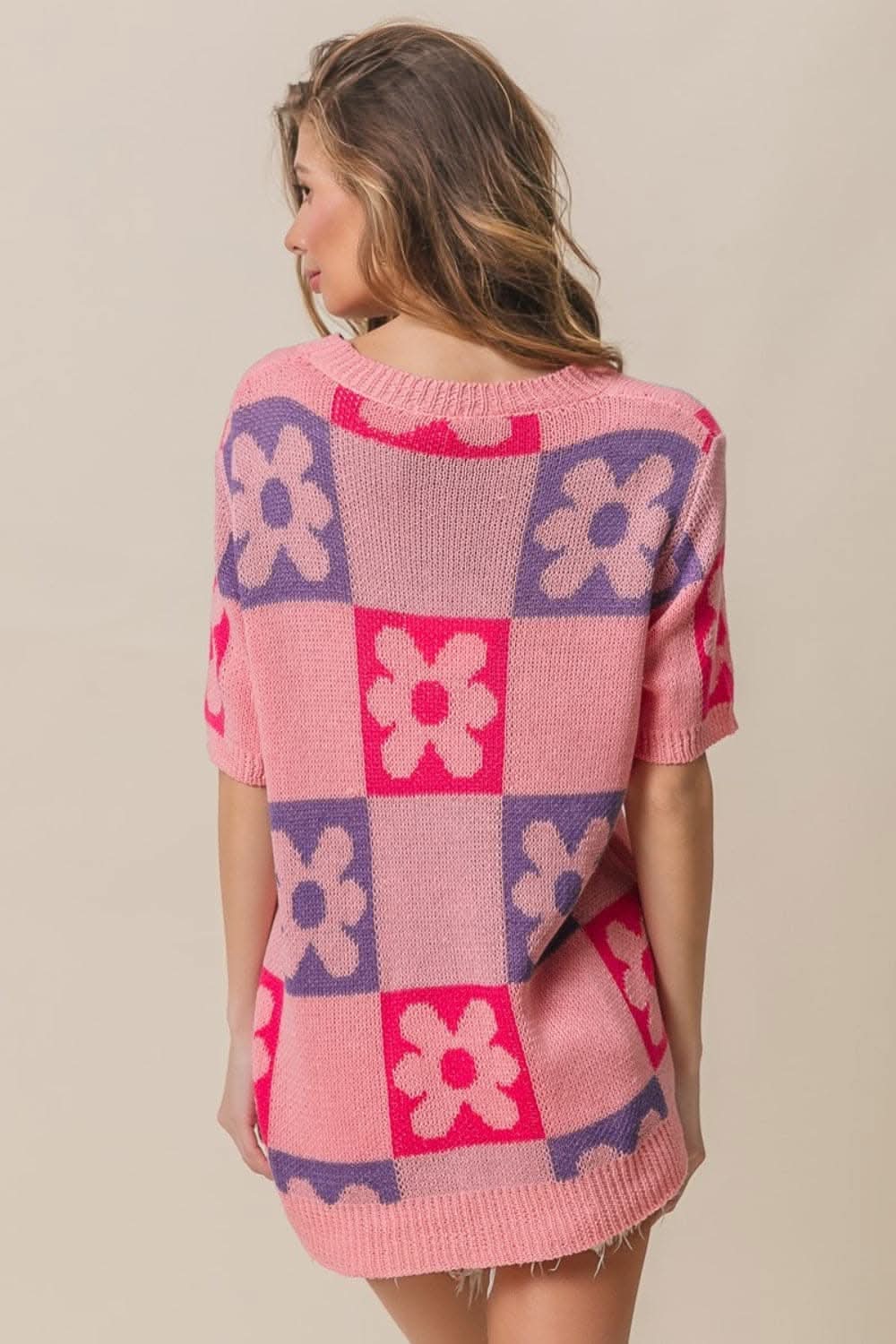 Chic floral checker short sleeve sweater - Love Salve