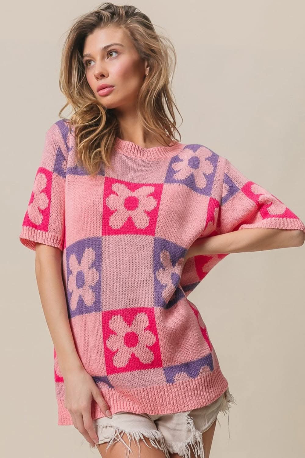 Chic floral checker short sleeve sweater - Love Salve