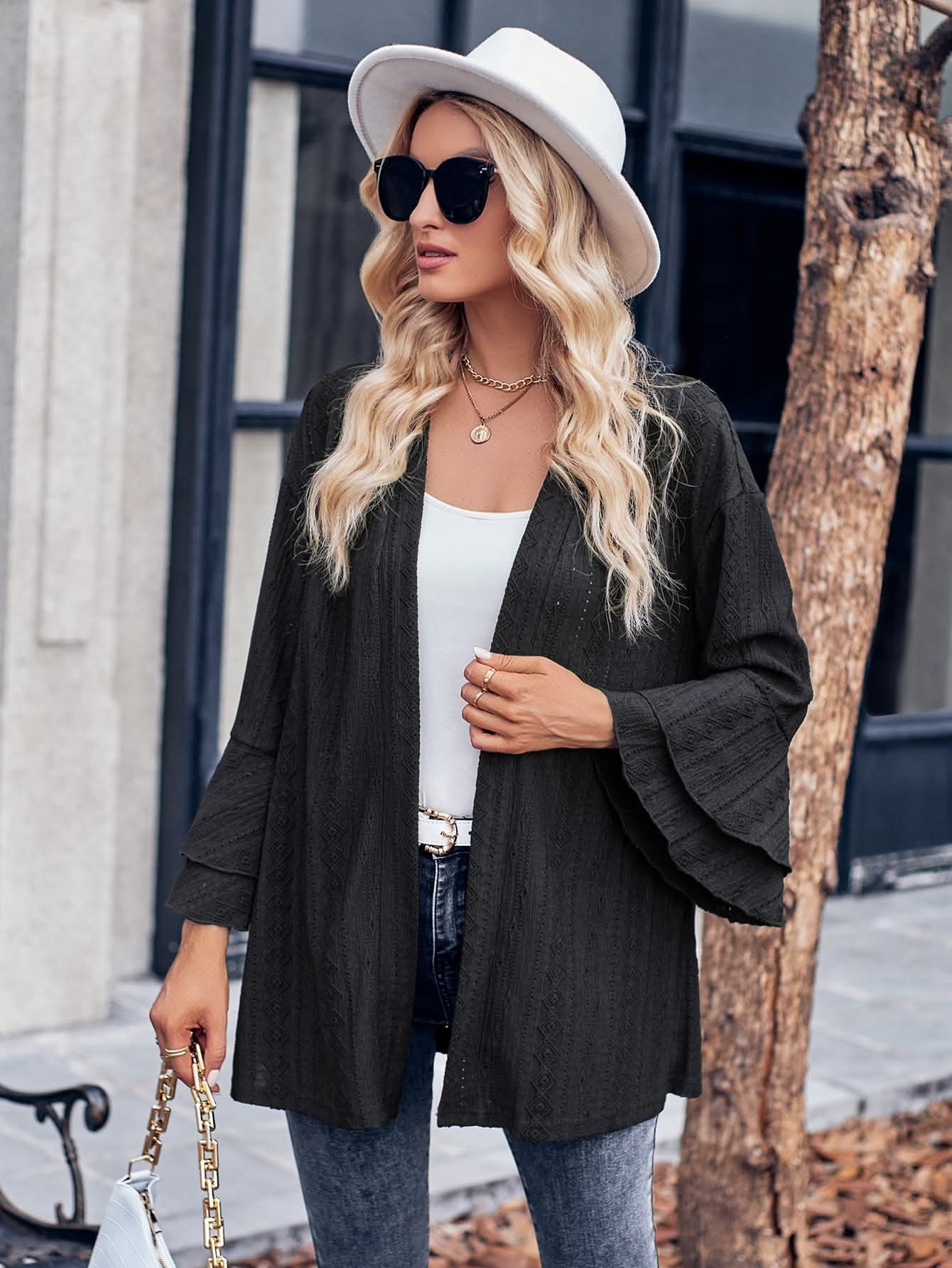Chic open-front cardigan with eyelet sleeves