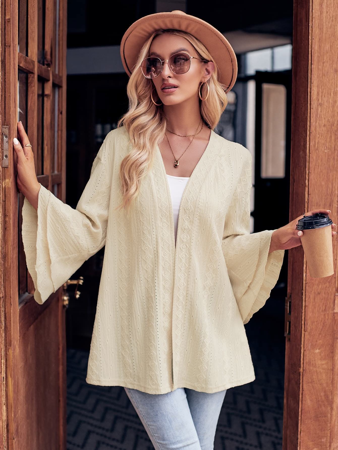 Chic open-front cardigan with eyelet sleeves