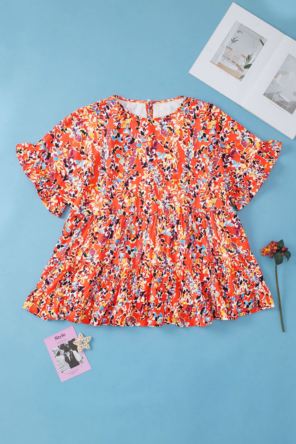 Chic orange floral ruffle sleeve top - Love Salve