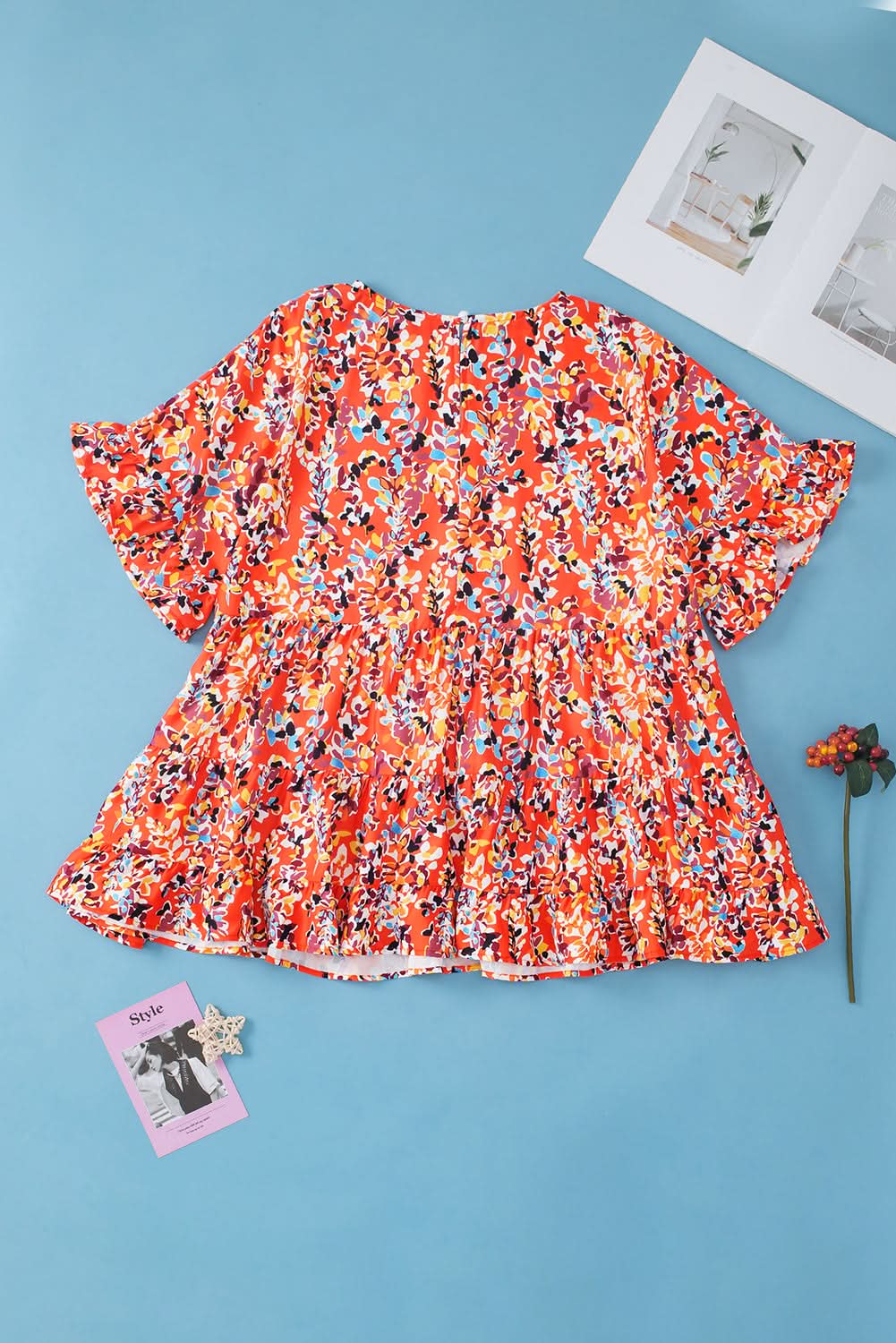 Chic orange floral ruffle sleeve top - Love Salve