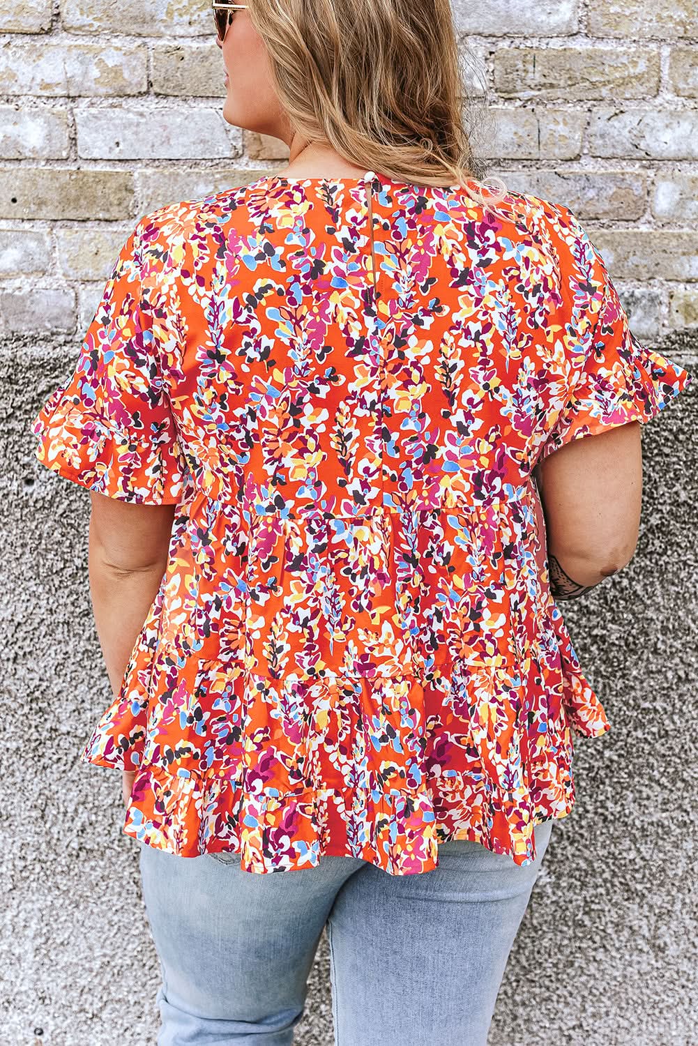 Chic orange floral ruffle sleeve top - Love Salve