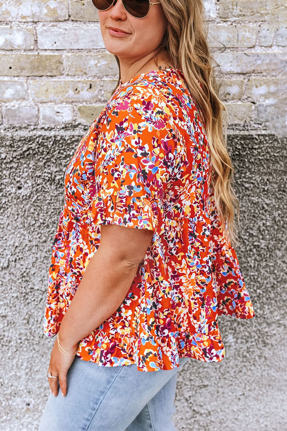 Chic orange floral ruffle sleeve top - Love Salve