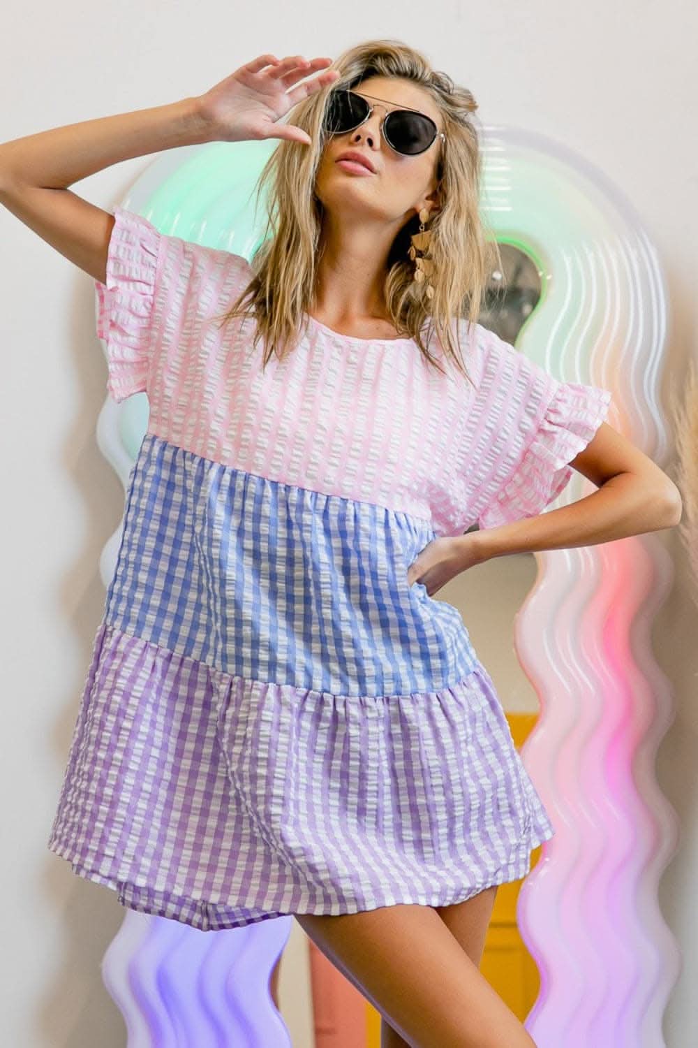 Chic plaid color block tiered blouse - Love Salve