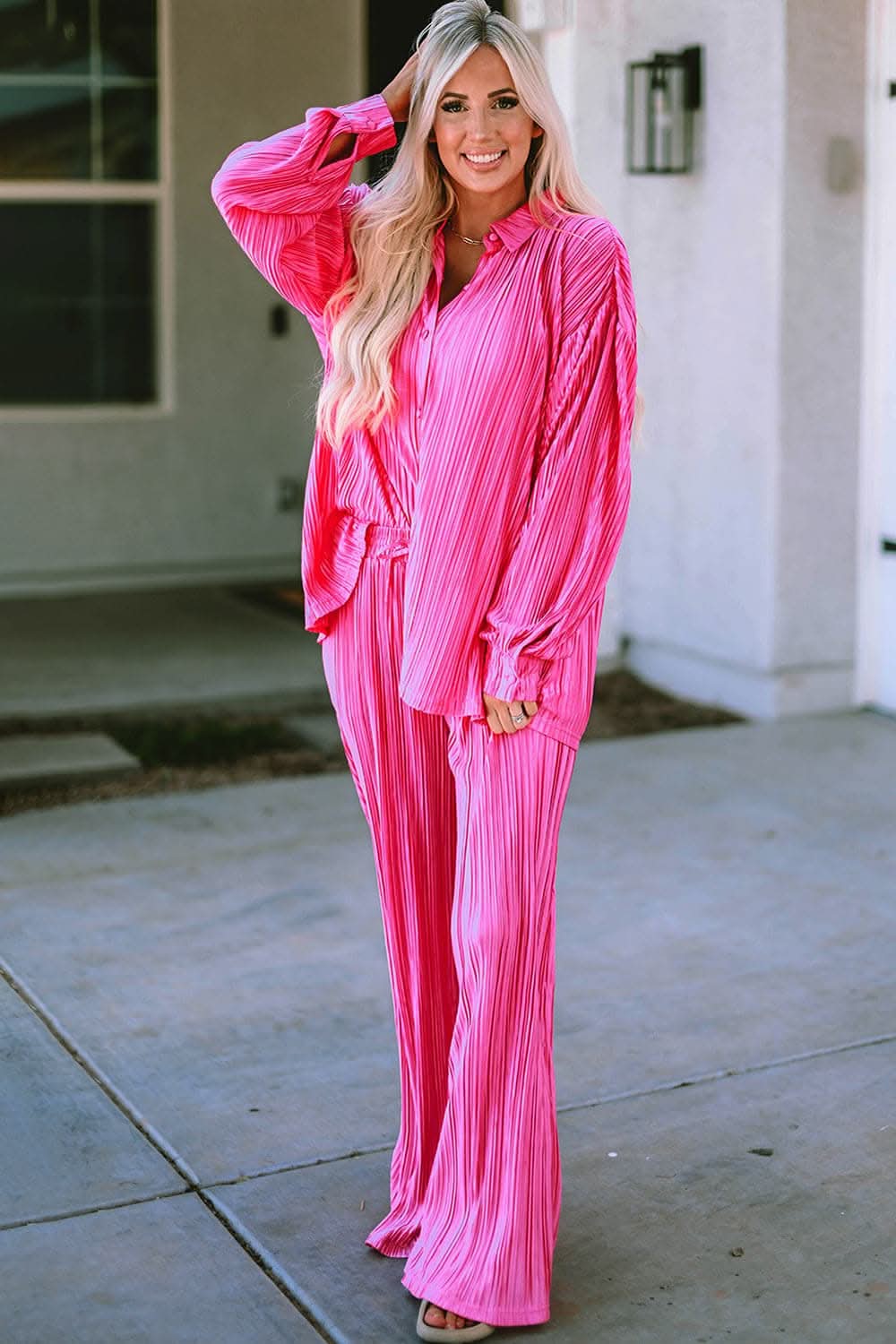 Chic pleated top and wide-leg pants set - Love Salve