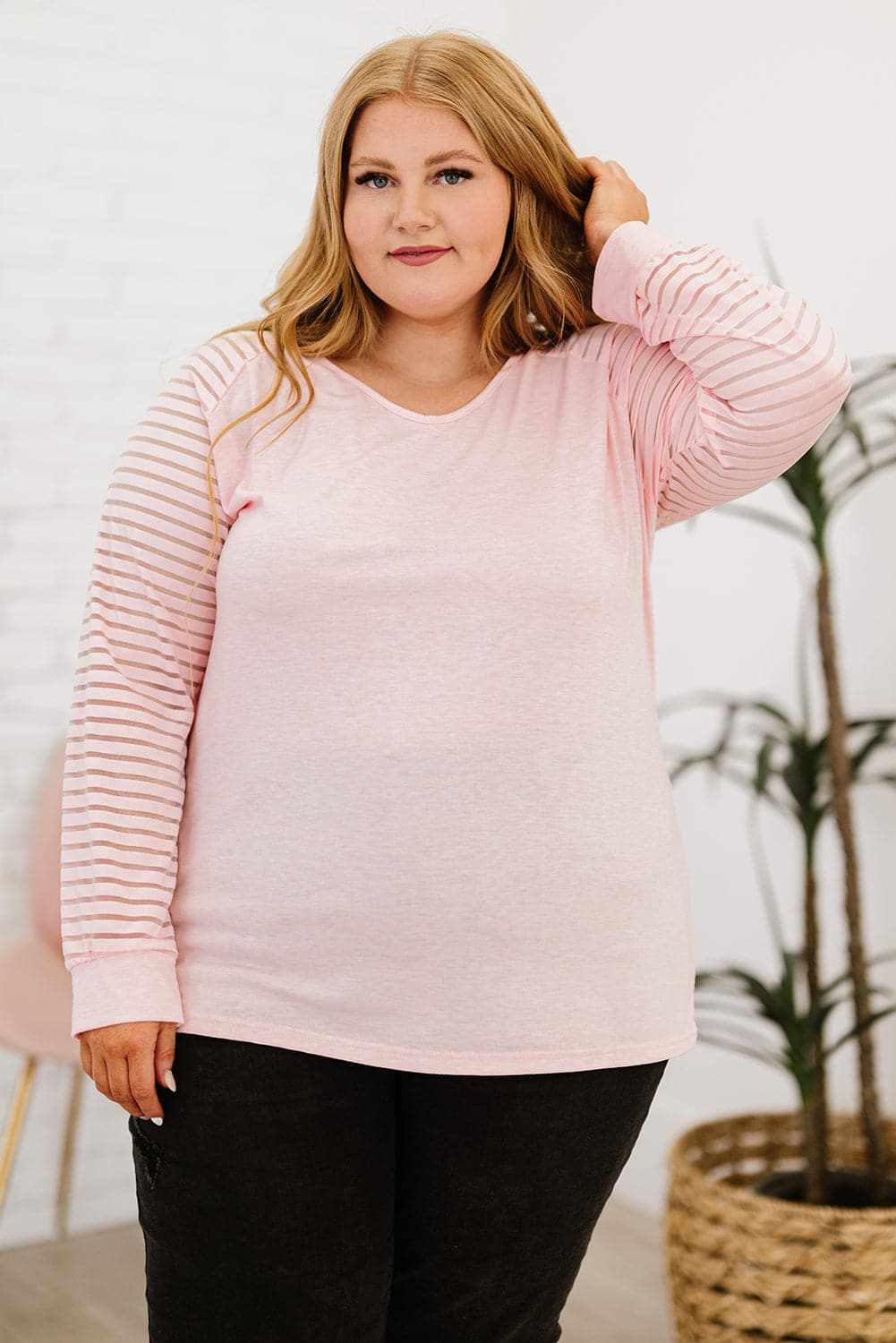 Chic plus size v-neck top with sheer sleeves - Love Salve