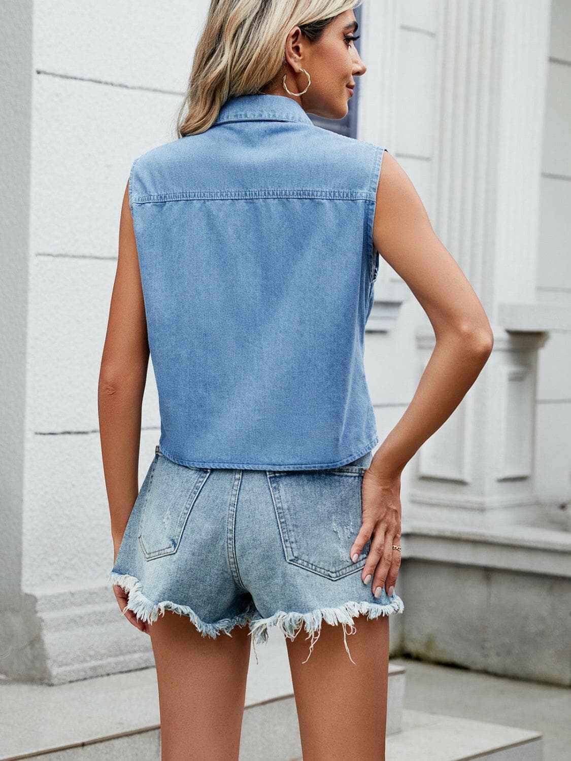 Chic sleeveless denim top - collared neck - Love Salve