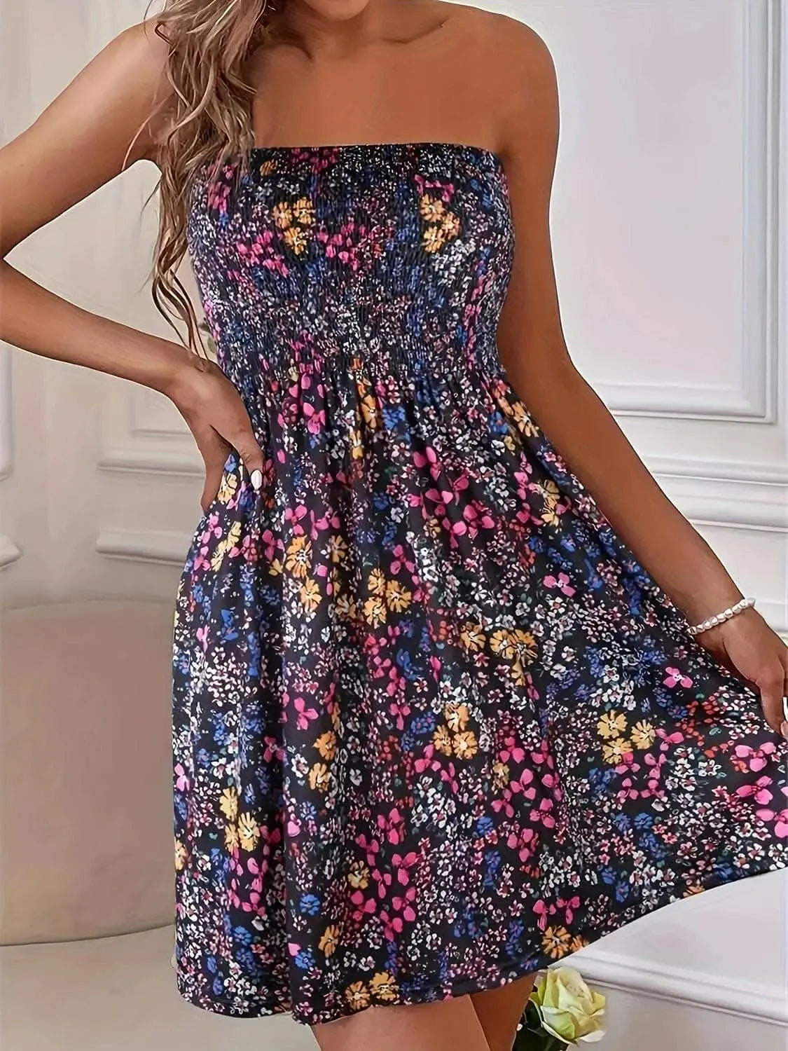 Chic smocked mini dress with sheer panels - Love Salve