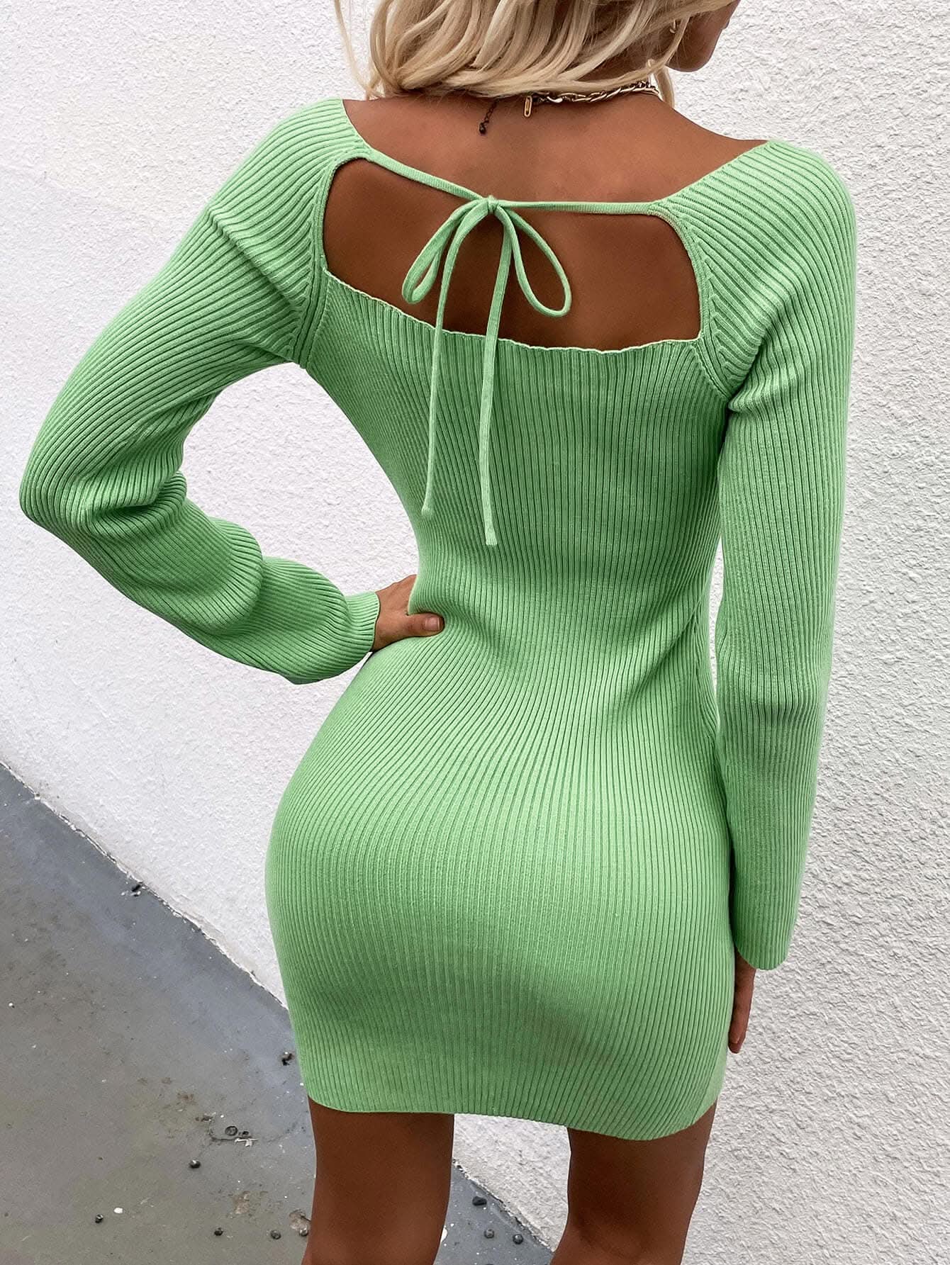 Chic square neck tie back sweater dress
