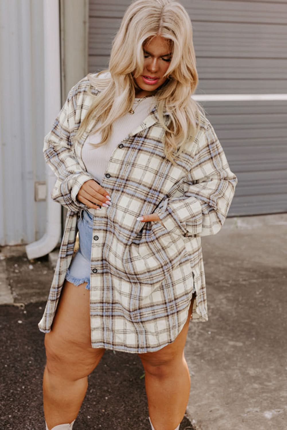 Chic white plaid plus size shacket - Love Salve