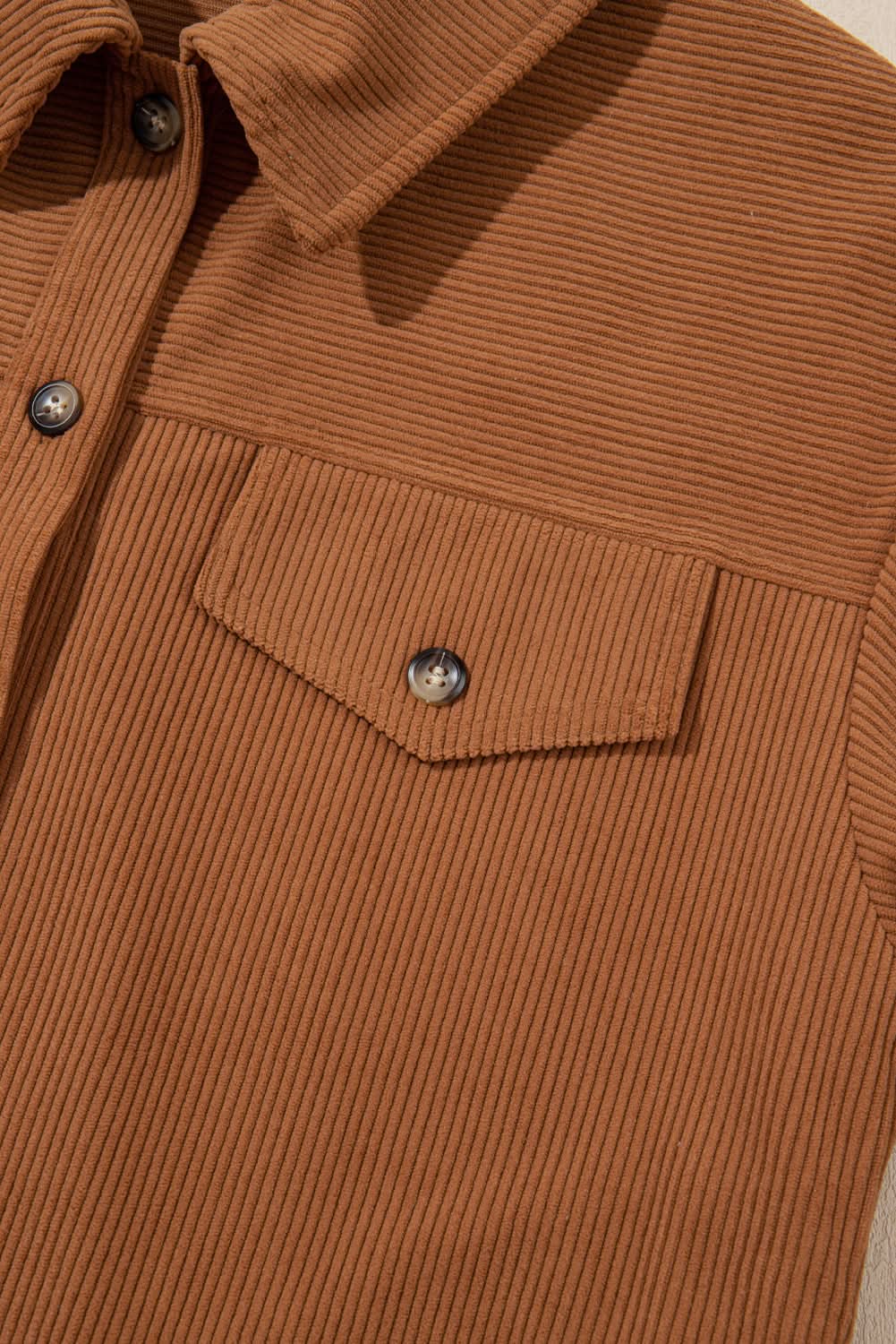 Cinnamon Corduroy Flap Pocket Button Up Round Hem Shacket - Love Salve