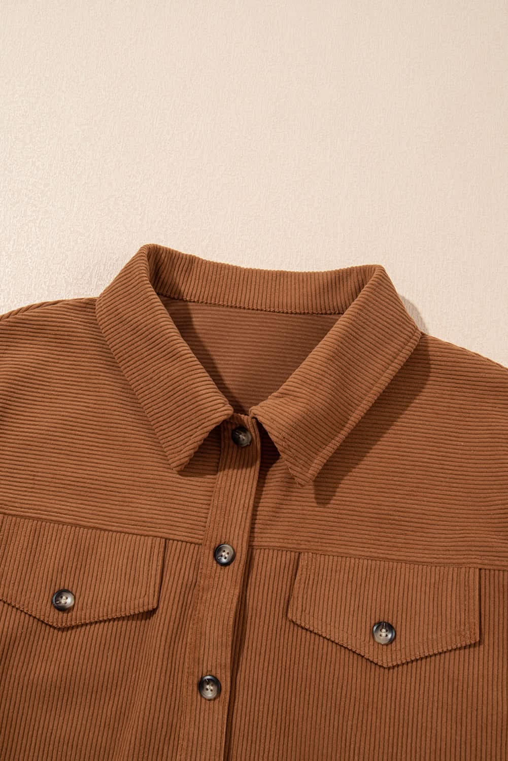 Cinnamon Corduroy Flap Pocket Button Up Round Hem Shacket - Love Salve