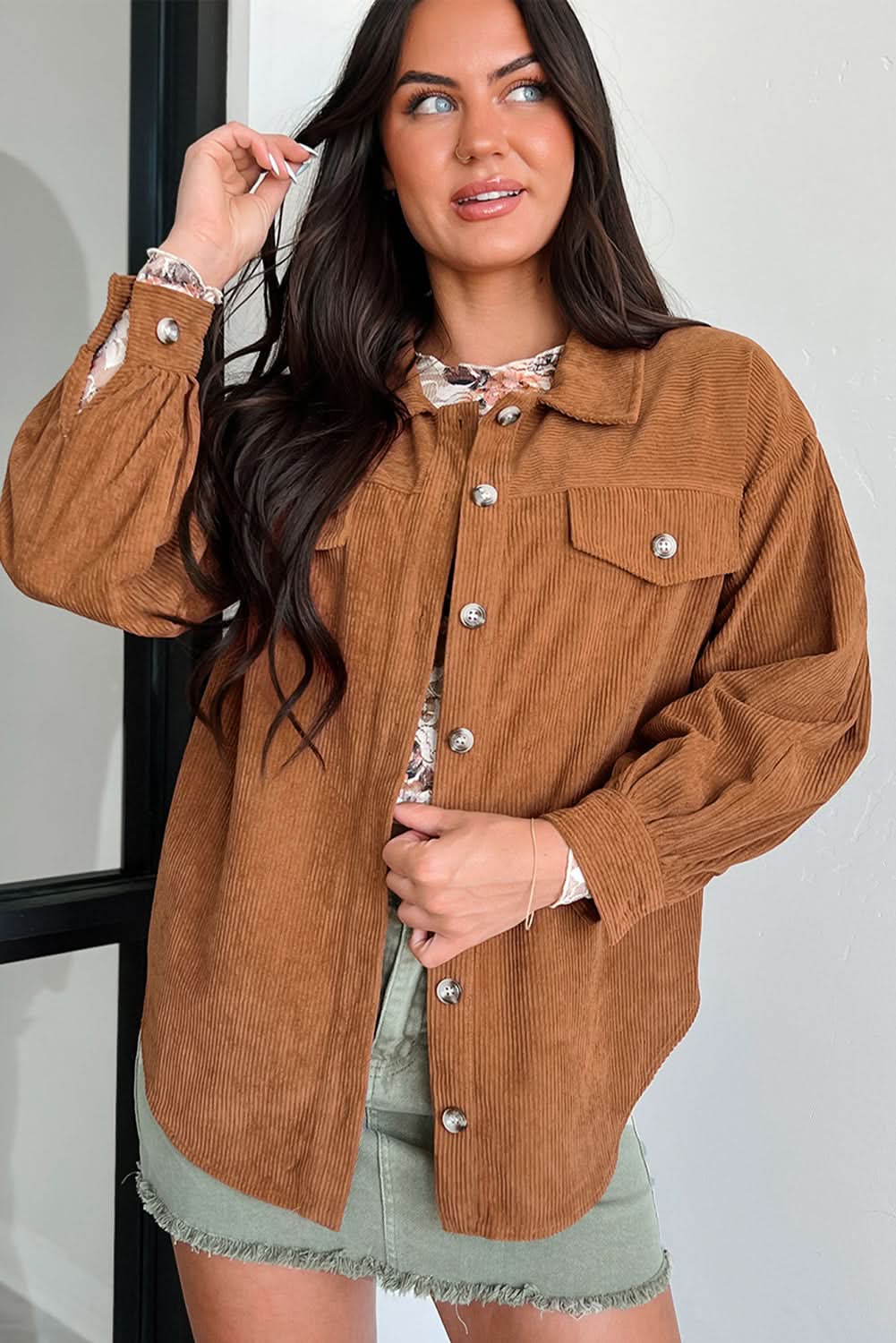 Cinnamon Corduroy Flap Pocket Button Up Round Hem Shacket - Love Salve