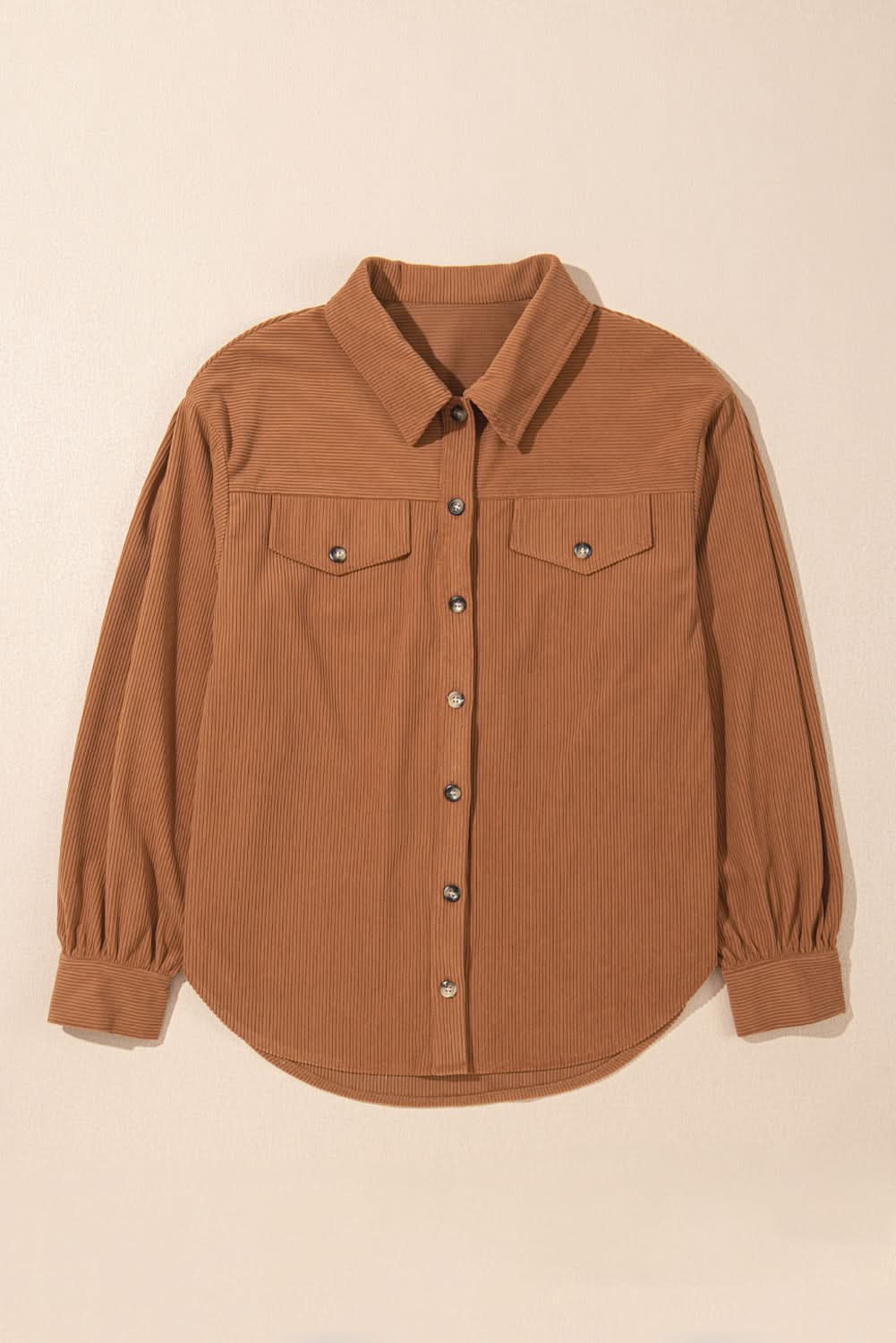 Cinnamon Corduroy Flap Pocket Button Up Round Hem Shacket - Love Salve