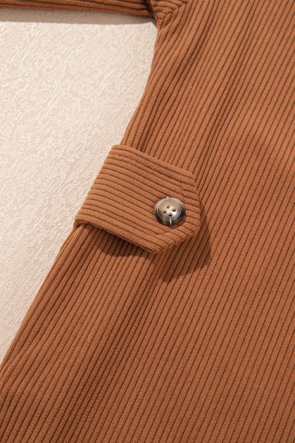 Cinnamon Corduroy Flap Pocket Button Up Round Hem Shacket - Love Salve