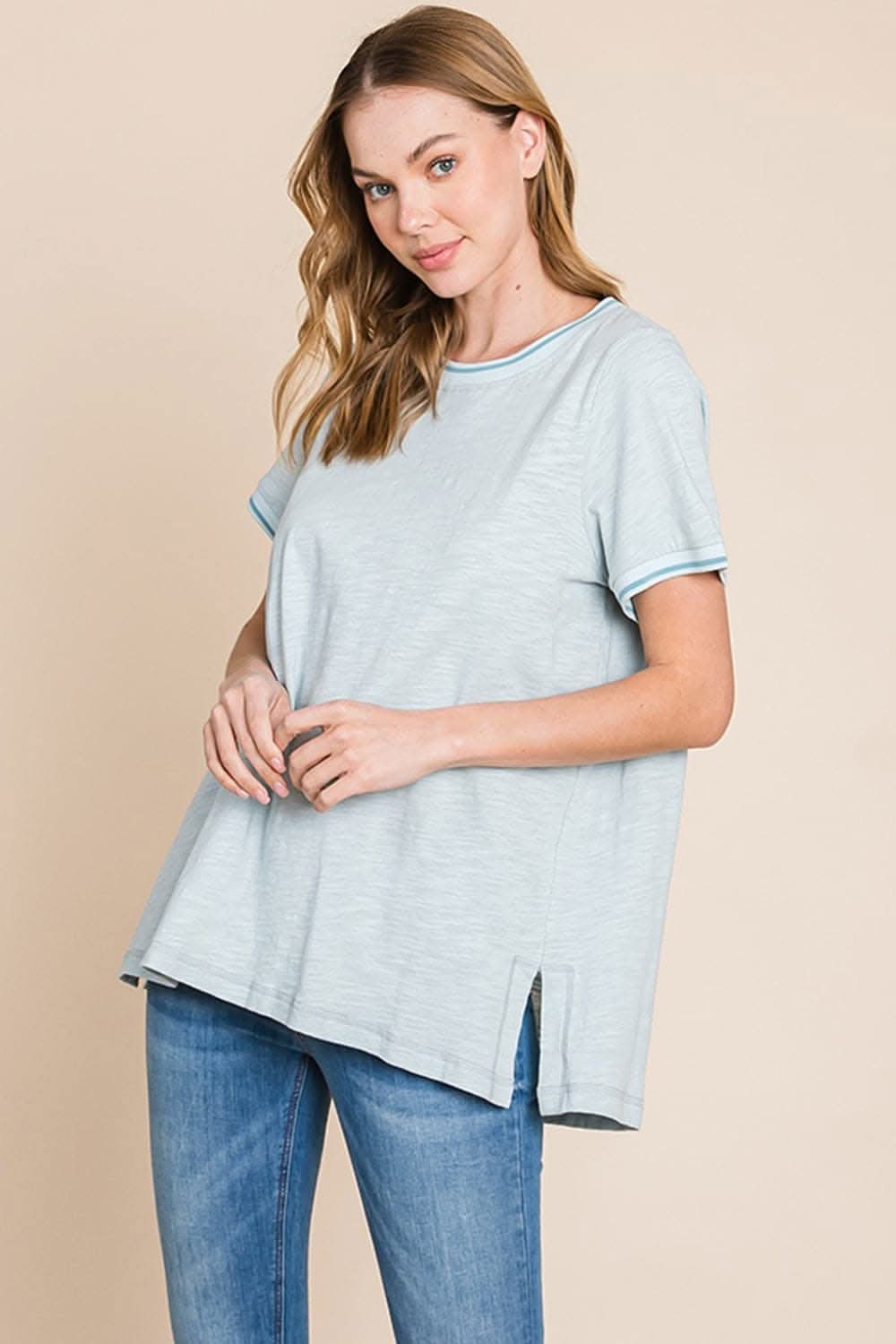 Cotton Bleu by Nu Lab Contrast Trim Short Sleeve Slit T-Shirt - Love Salve