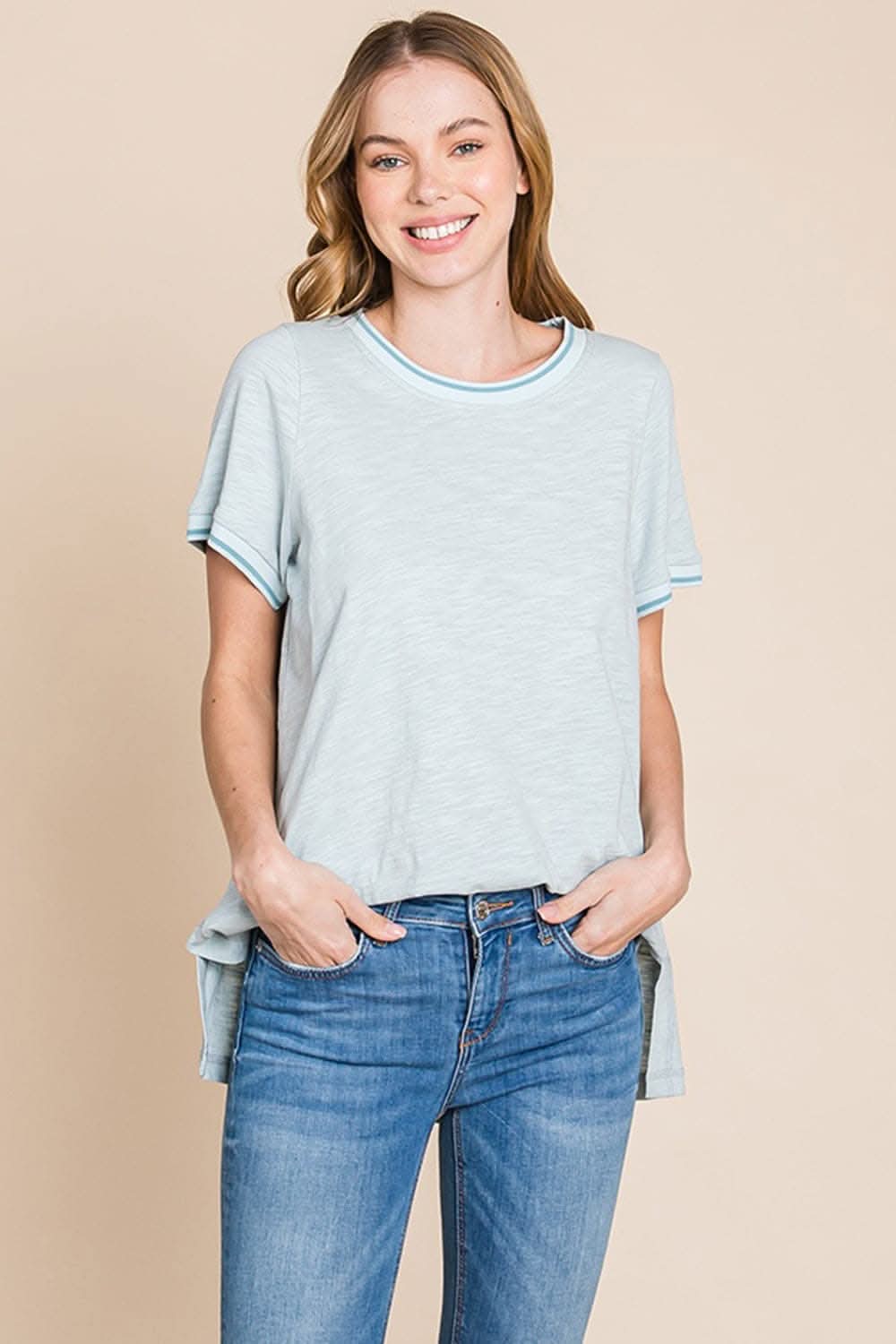Cotton Bleu by Nu Lab Contrast Trim Short Sleeve Slit T-Shirt - Love Salve