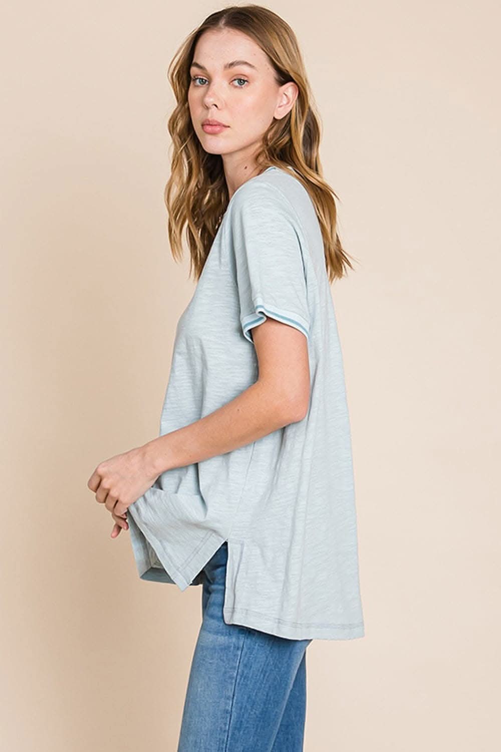 Cotton Bleu by Nu Lab Contrast Trim Short Sleeve Slit T-Shirt - Love Salve