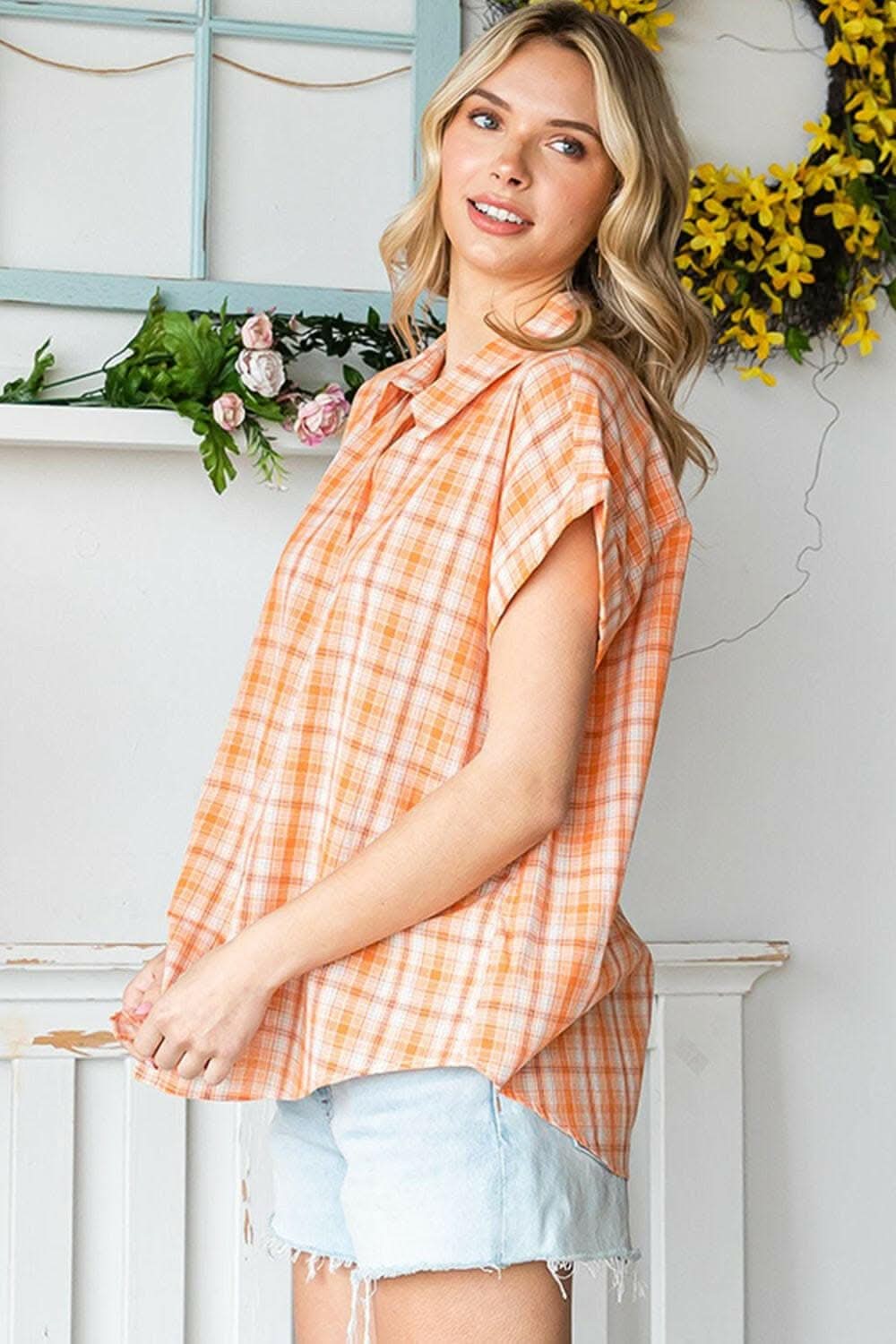 Cotton Bleu by Nu Label Plaid Button Up Short Sleeve Shirt - Love Salve