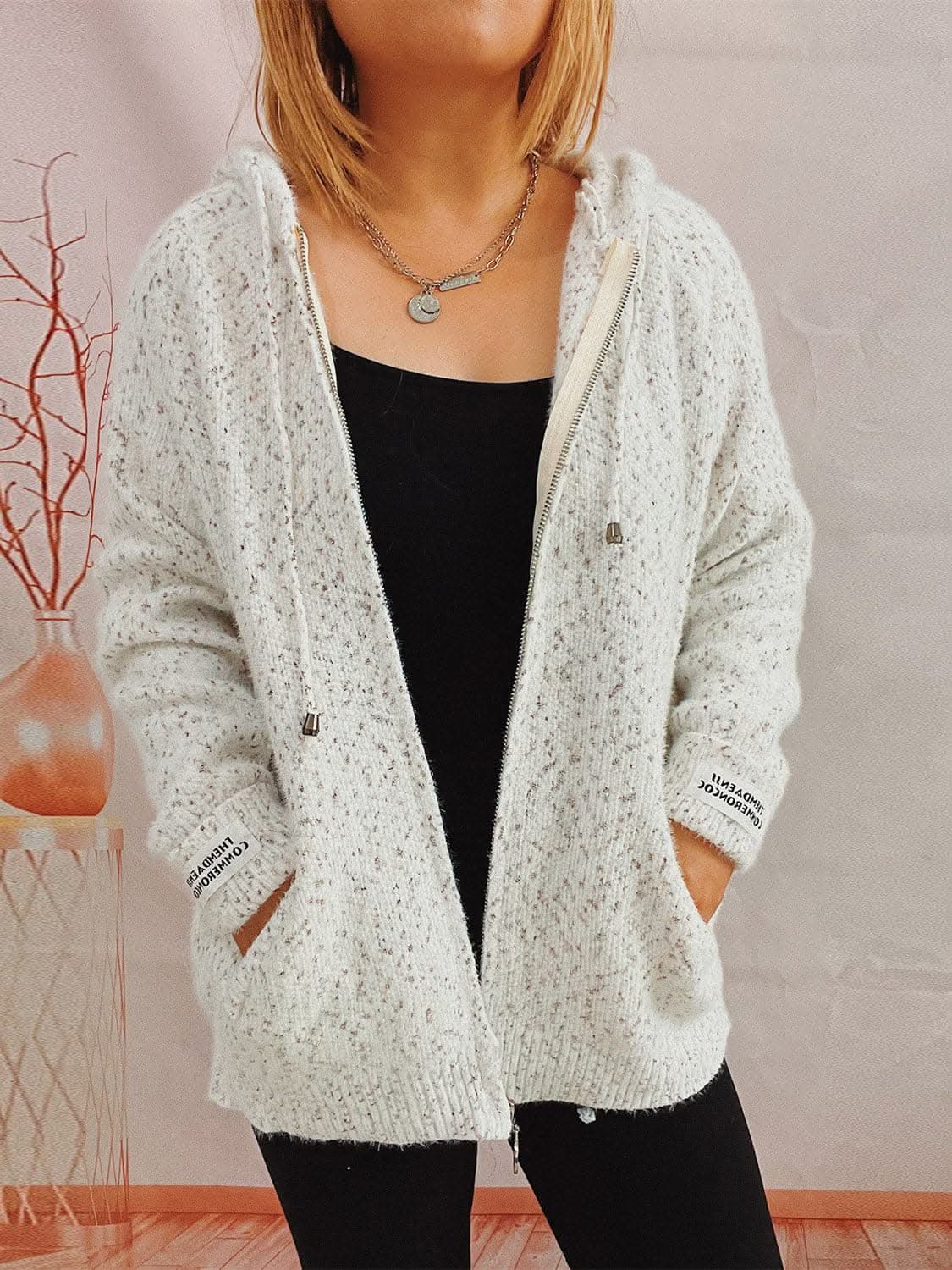 Cozy zip-up hooded sweater with pockets
