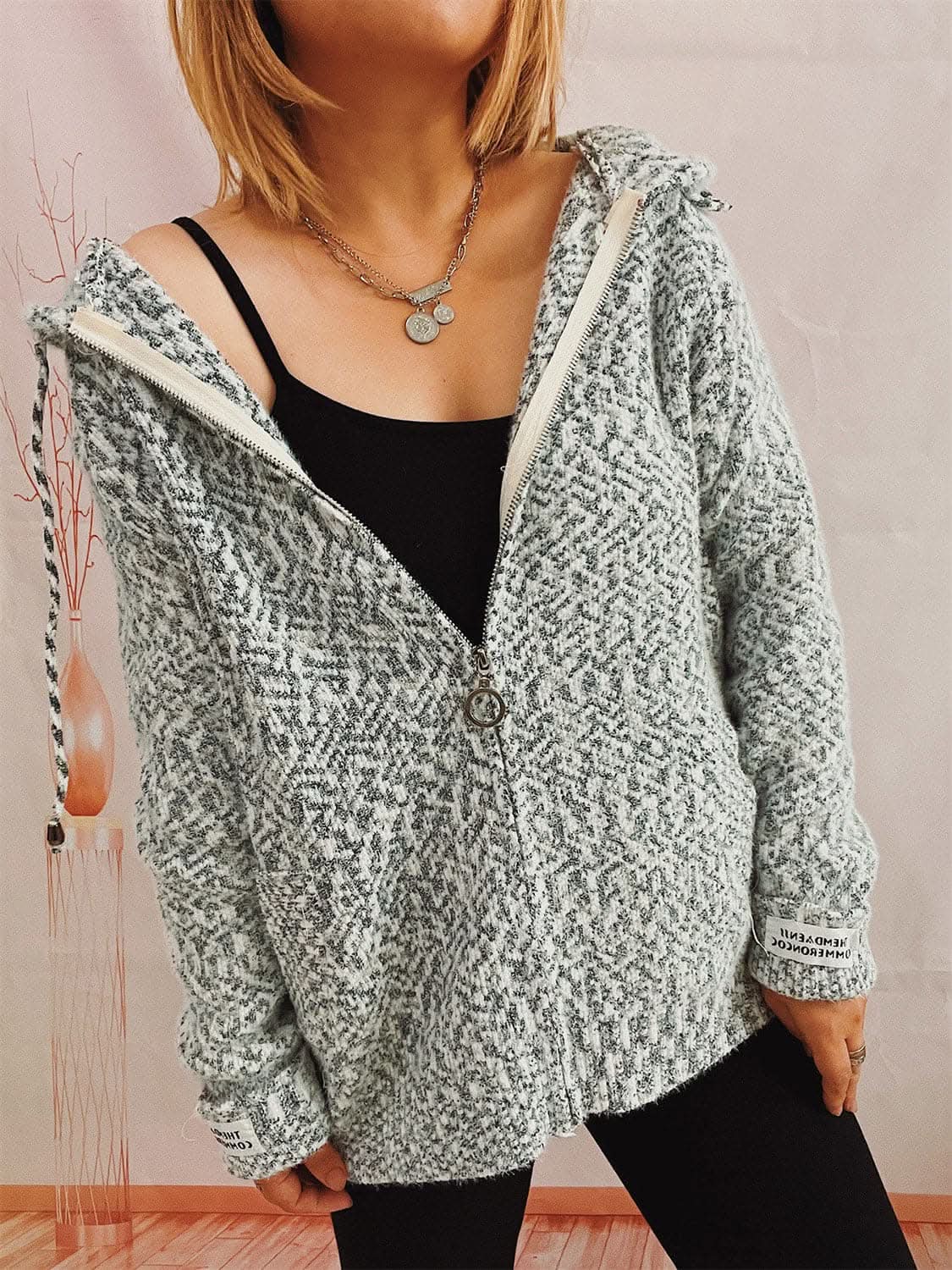 Cozy zip-up hooded sweater with pockets
