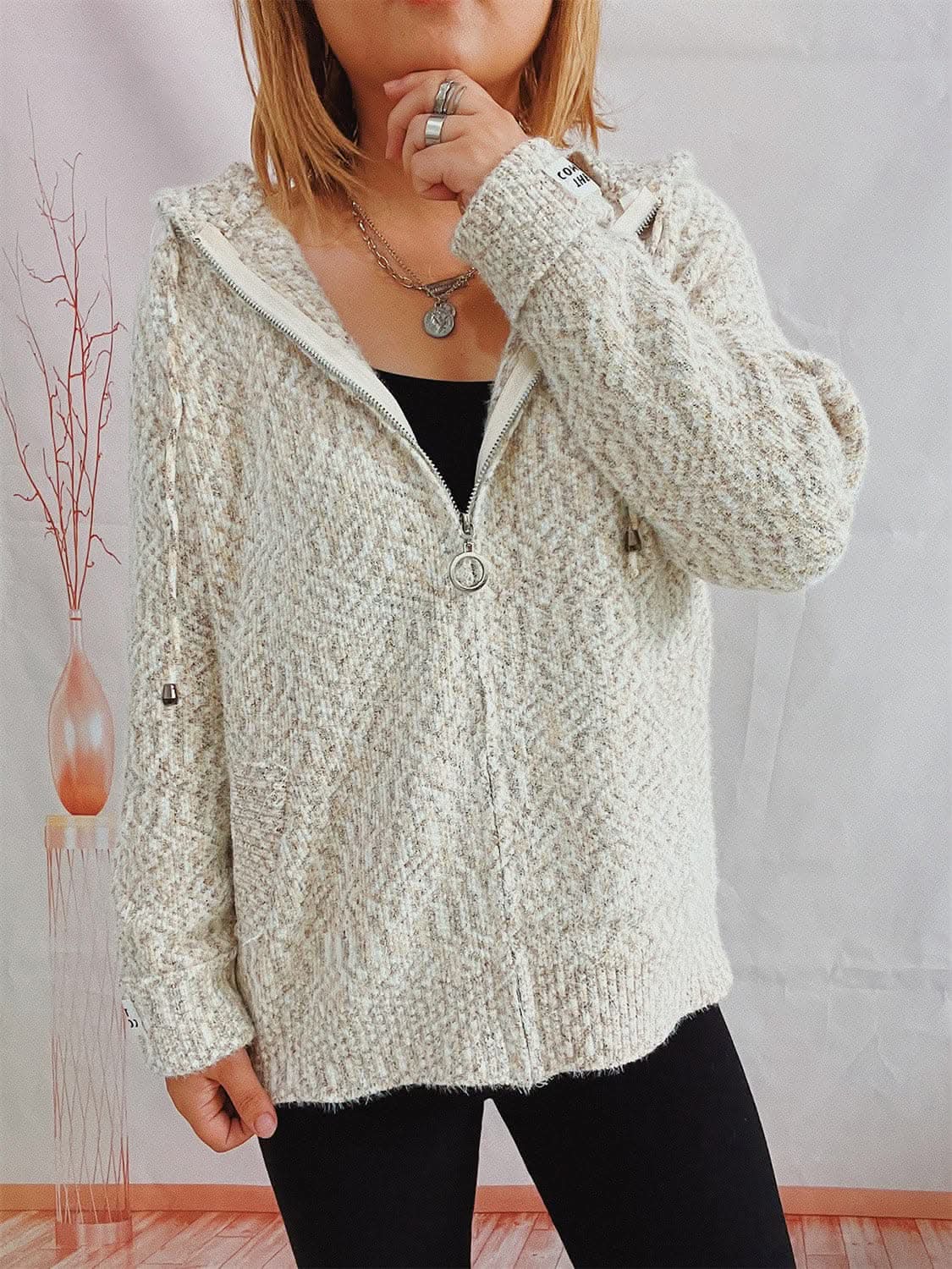 Cozy zip-up hooded sweater with pockets