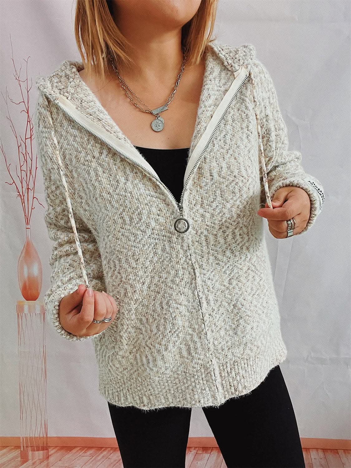 Cozy zip-up hooded sweater with pockets