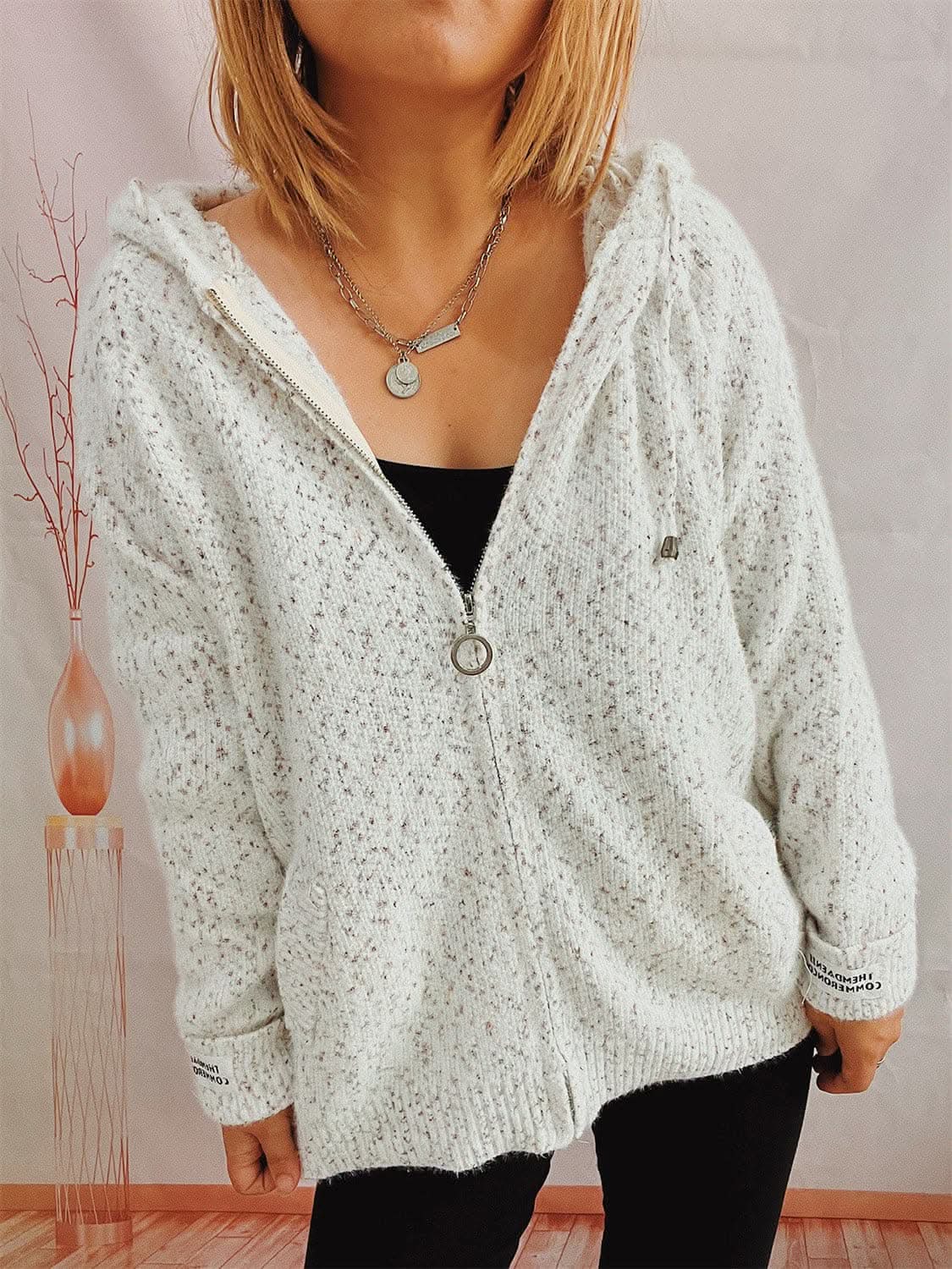 Cozy zip-up hooded sweater with pockets