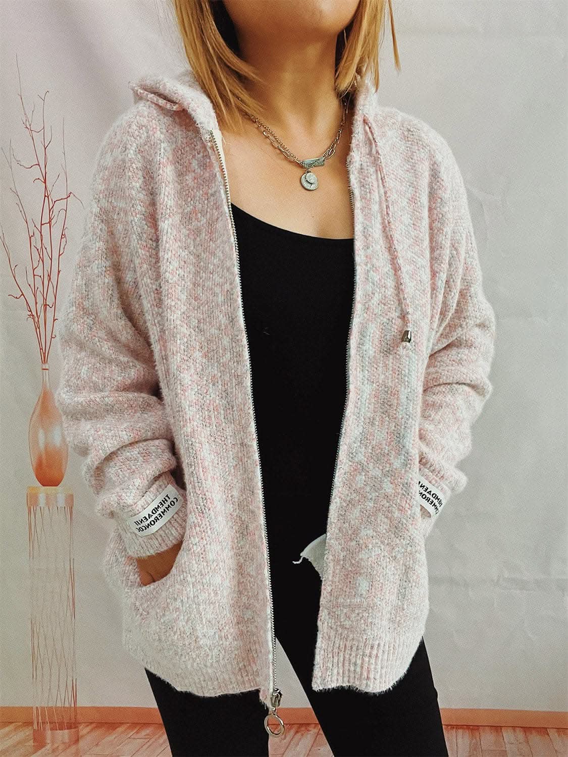 Cozy zip-up hooded sweater with pockets