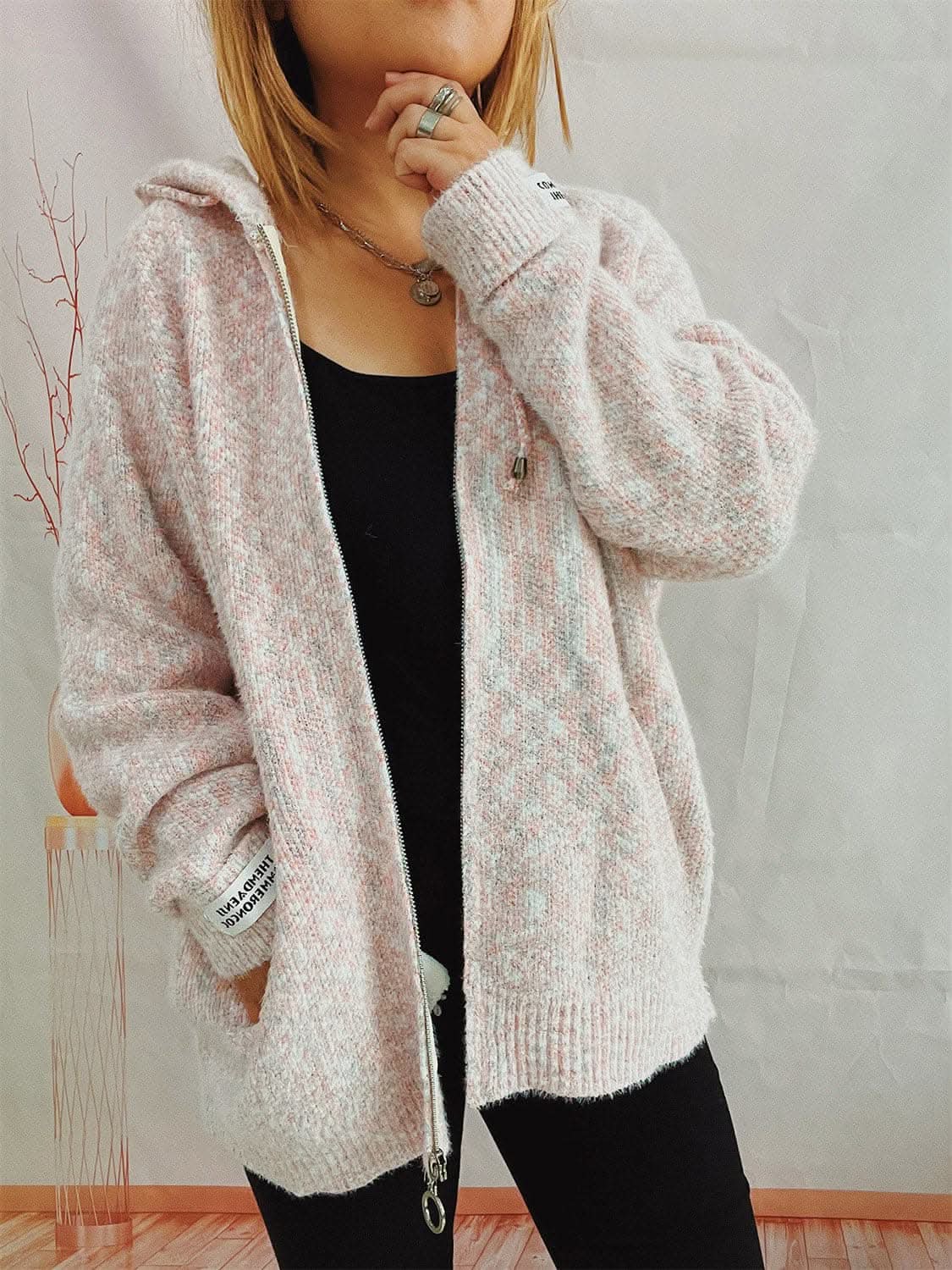 Cozy zip-up hooded sweater with pockets
