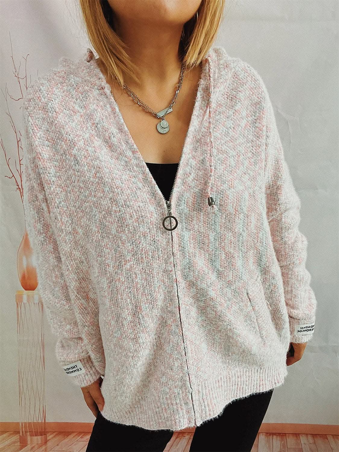 Cozy zip-up hooded sweater with pockets