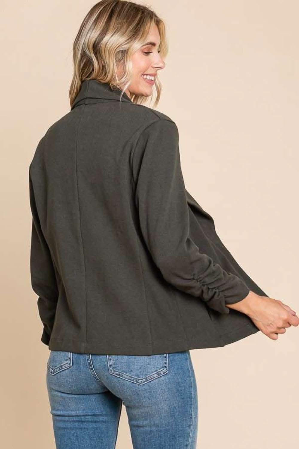 Culture Code Full Size Ruched Open Front Long Sleeve Jacket - Love Salve