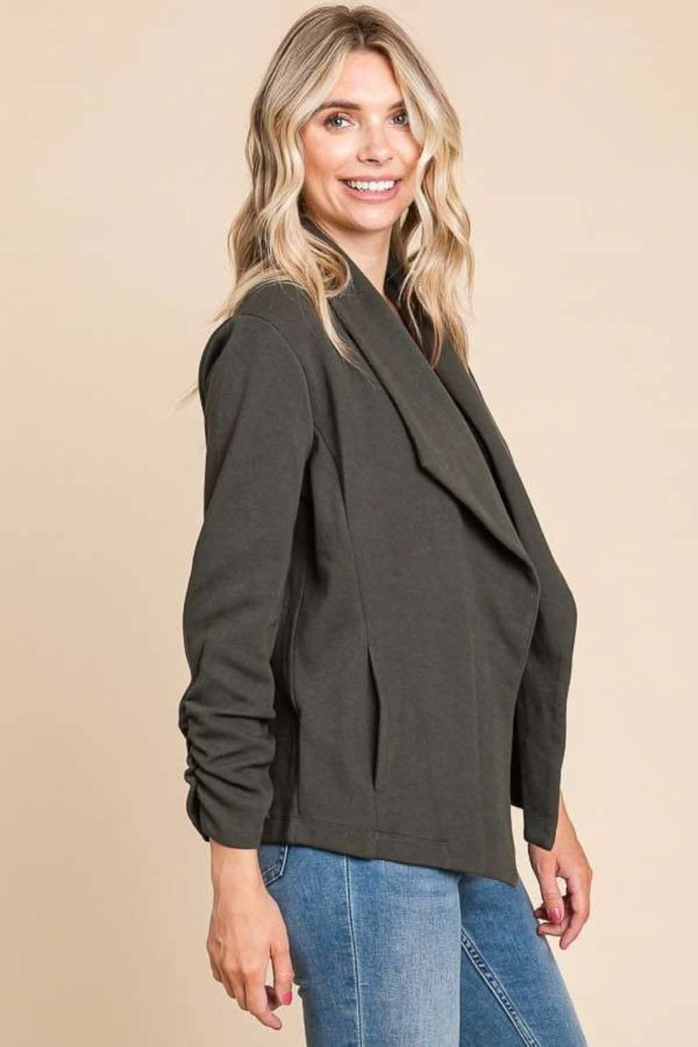 Culture Code Full Size Ruched Open Front Long Sleeve Jacket - Love Salve