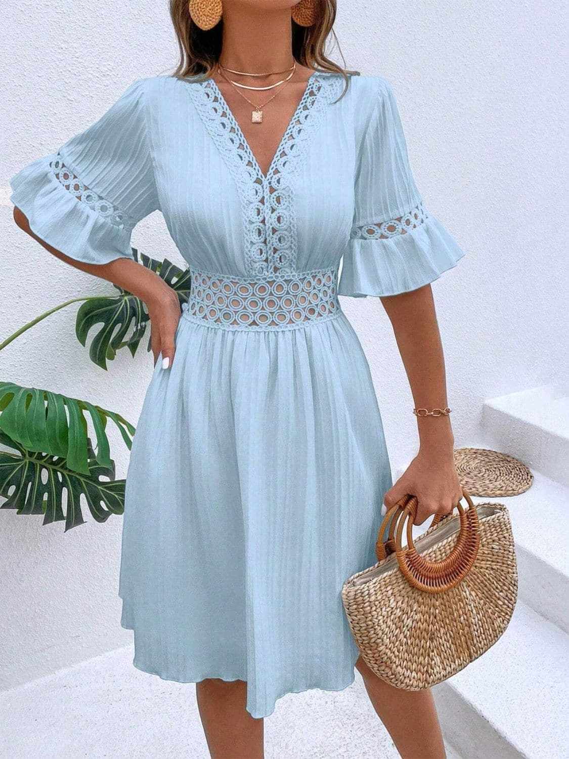 Cutout flounce sleeve mini dress - Love Salve