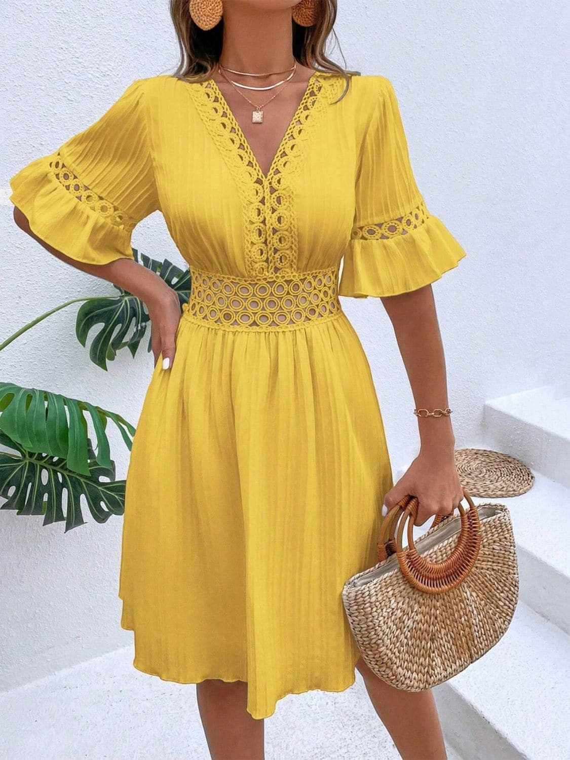 Cutout flounce sleeve mini dress - Love Salve