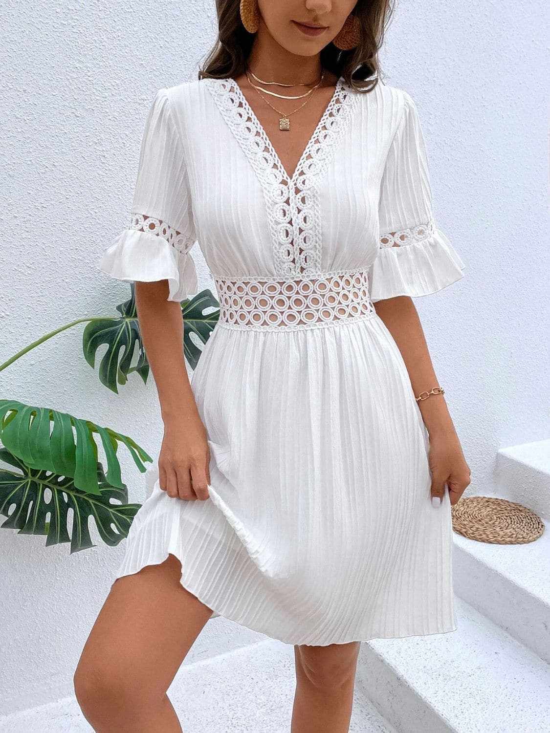 Cutout flounce sleeve mini dress - Love Salve