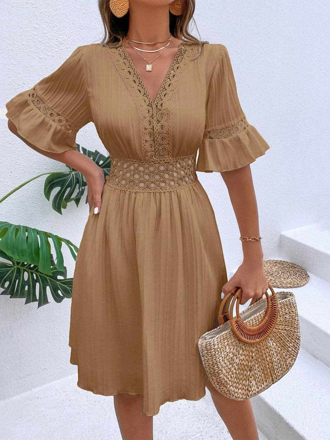 Cutout flounce sleeve mini dress - Love Salve