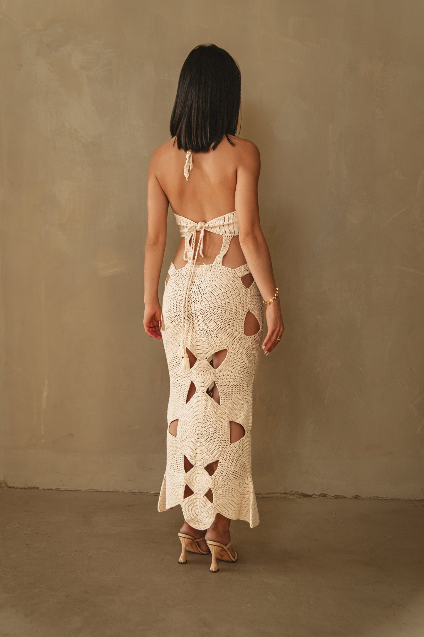 Isla Crochet Halter Neck Dress in Cream with Cut-Outs - Love Salve