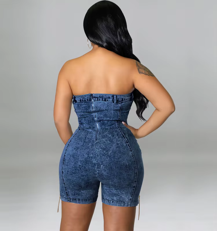 Chain Reaction Denim Romper - Strapless with Sassy Lace-Up Details