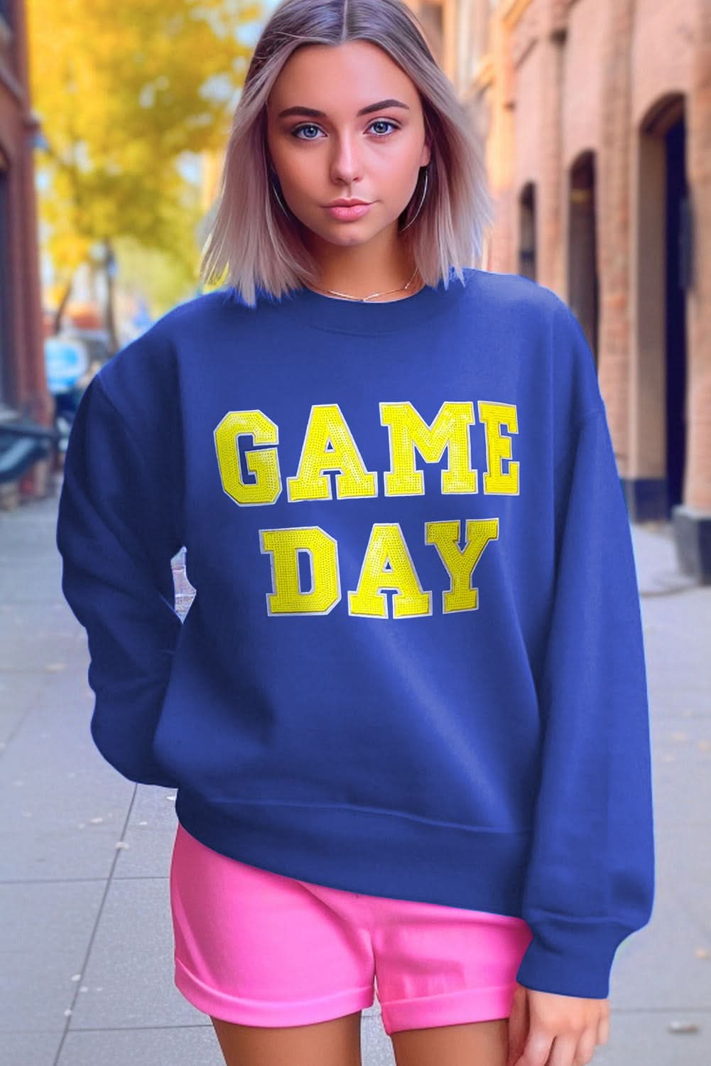 Dark Blue Game Day Crew Neck Graphic Pullover Sweatshirt - Love Salve