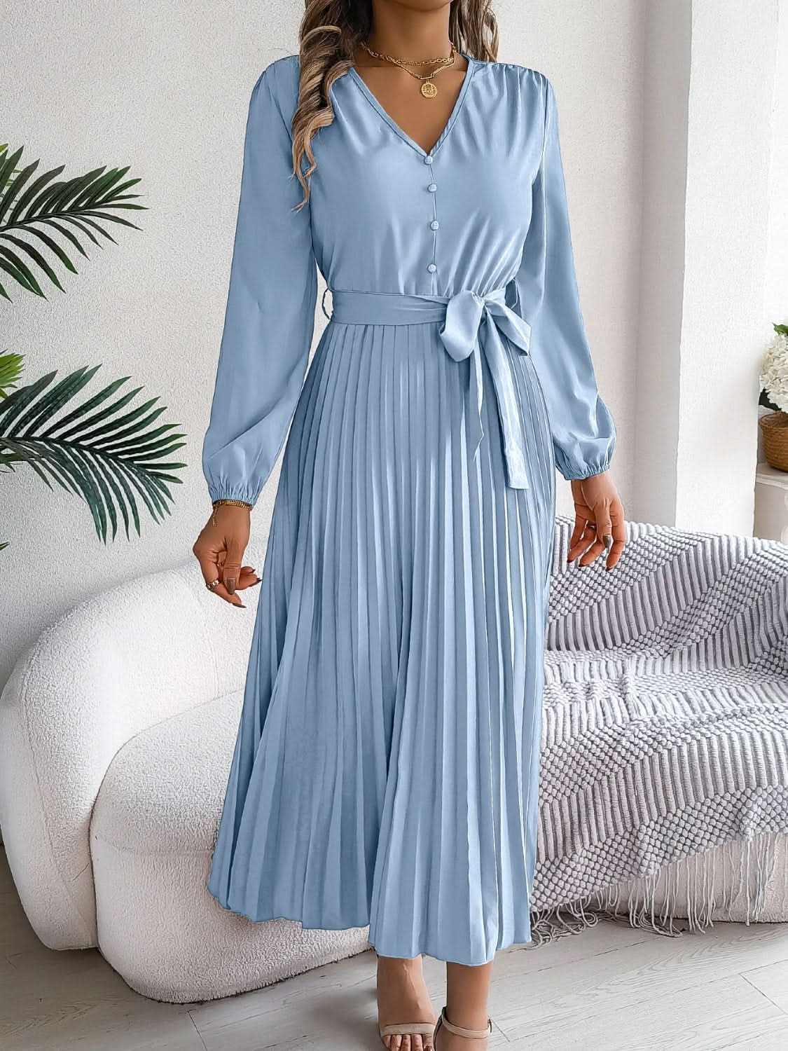 Elegant V-Neck Long Sleeve Dress with Sheer Tied Design - Love Salve