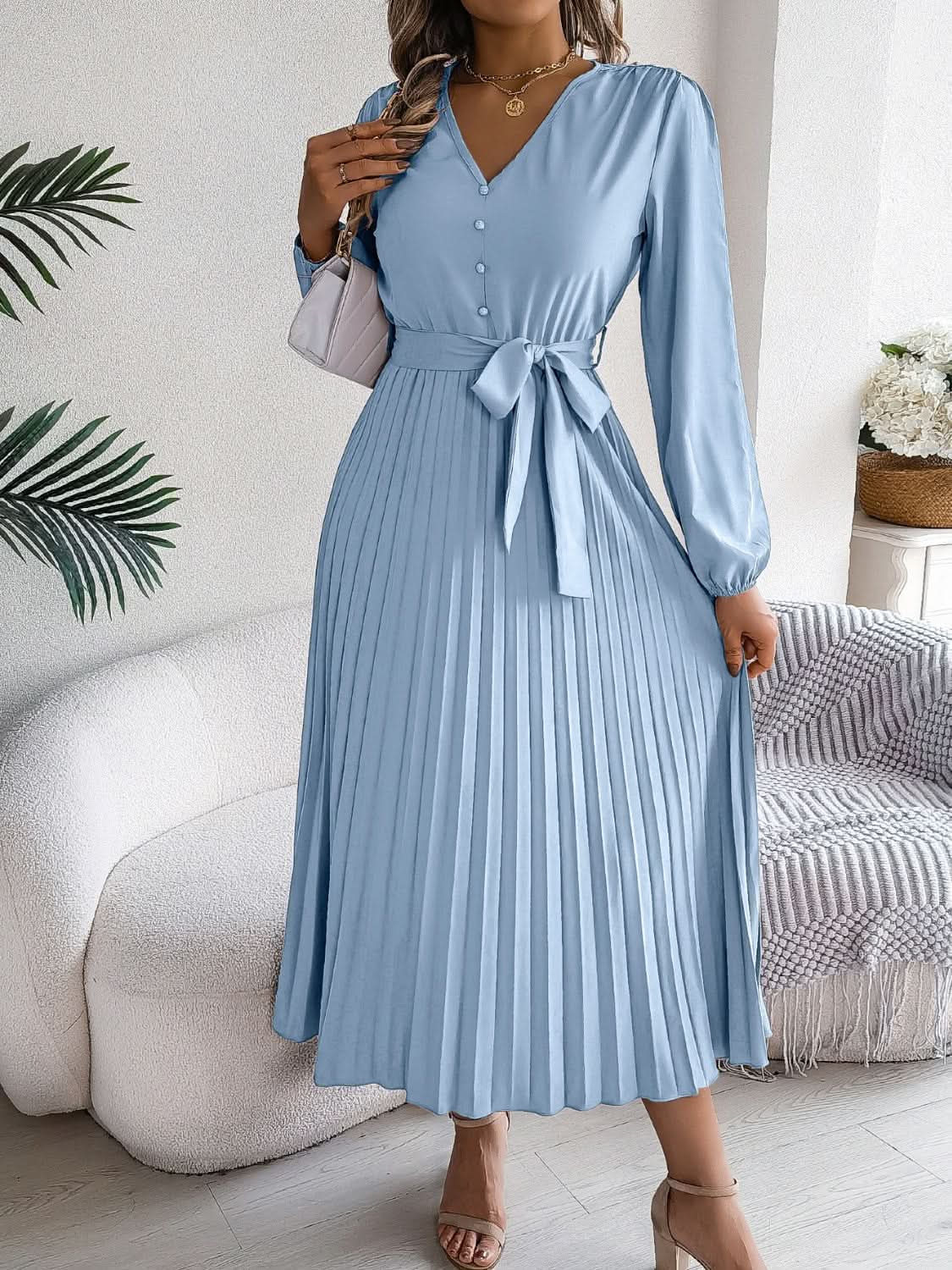 Elegant V-Neck Long Sleeve Dress with Sheer Tied Design - Love Salve