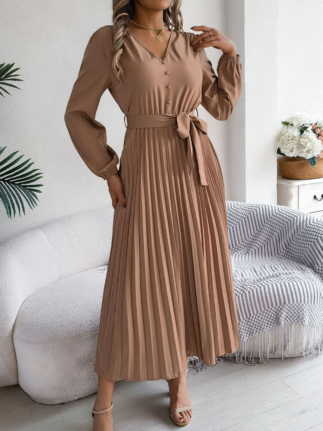Elegant V-Neck Long Sleeve Dress with Sheer Tied Design - Love Salve