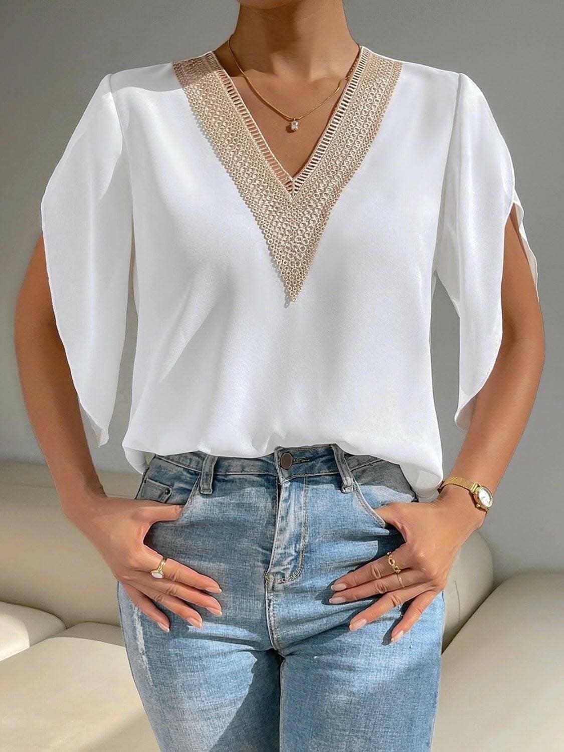 Elegant v-neck short sleeve blouse - Love Salve