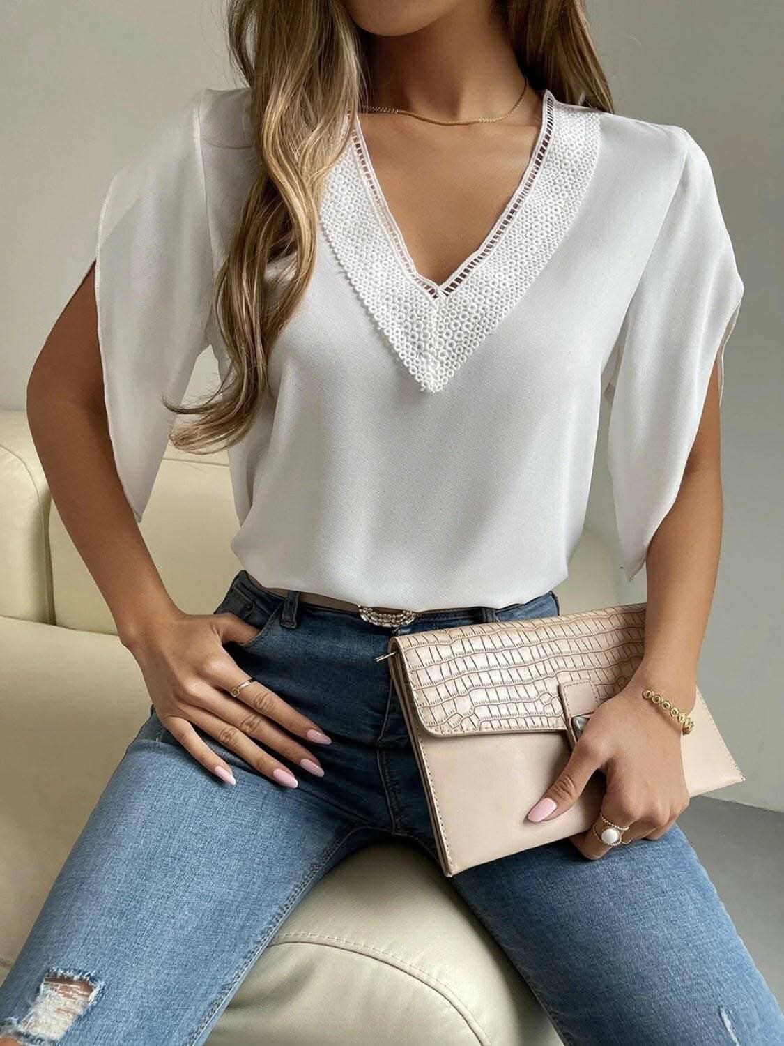 Elegant v-neck short sleeve blouse - Love Salve