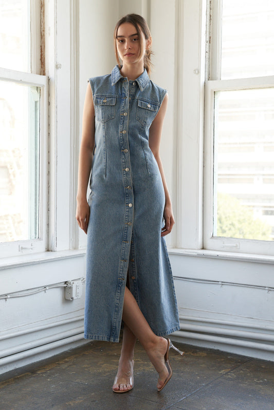 JUST FOLLOW ME DENIM MIDI DRESS Flying Tomato